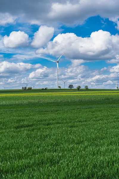 Kümülüs bulutlu bahar aylarında tarlada güç türbinleri olan bir rüzgar çiftliğinin manzarası.