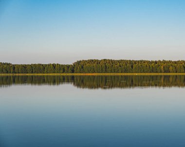 Bir ormanın manzarası ve gölün sakin sularındaki yansıması.