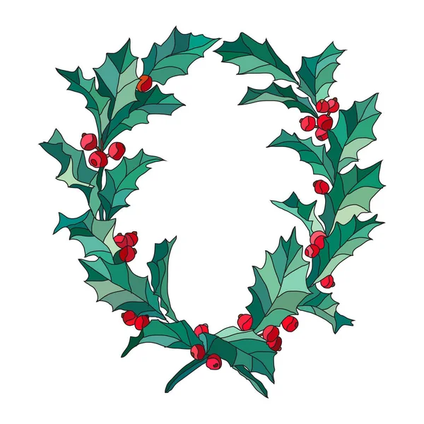 手描きのホリーベリーリース デザイン要素 カード 招待状 バナー ポスター 印刷デザインに使用できます クリスマス ラインアートスタイルの冬の背景 — ストックベクタ