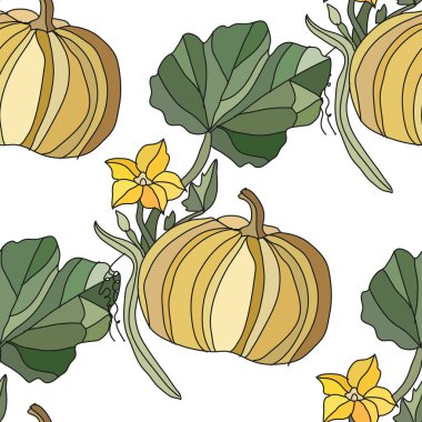 Balkabaklarıyla, tasarım elementleriyle zarif ve pürüzsüz bir desen. Davetiyeler, kartlar, baskı, hediye paketi, imalat, tekstil, kumaş, duvar kağıtları için sebze deseni. Sonbahar, Cadılar Bayramı teması