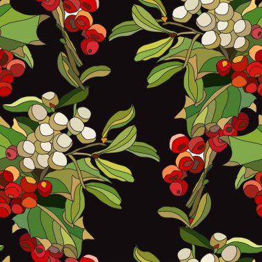 Kutsal böğürtlen dalları ve tasarım elementleriyle zarif, pürüzsüz bir desen. Noel, yeni yıl, davetiyeler için kış şablonu, kartlar, baskı, hediye paketi, imalat, tekstil, kumaş, duvar kağıtları