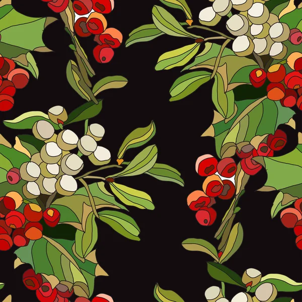 ホリーベリーの枝 デザイン要素とエレガントなシームレスパターン クリスマス 招待状 カード ギフトラップ 壁紙の冬のパターン — ストックベクタ
