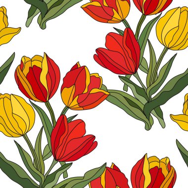 Lale çiçekleri ve tasarım elementleriyle zarif, pürüzsüz bir desen. Davetiyeler, kartlar, baskı, hediye paketi, imalat, tekstil, kumaş, duvar kağıtları için çiçek deseni