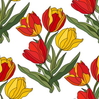 Lale çiçekleri ve tasarım elementleriyle zarif, pürüzsüz bir desen. Davetiyeler, kartlar, baskı, hediye paketi, imalat, tekstil, kumaş, duvar kağıtları için çiçek deseni