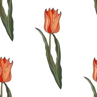 Lale çiçekleri ve tasarım elementleriyle zarif, pürüzsüz bir desen. Davetiyeler, kartlar, baskı, hediye paketi, imalat, tekstil, kumaş, duvar kağıtları için çiçek deseni