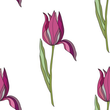 Lale çiçekleri ve tasarım elementleriyle zarif, pürüzsüz bir desen. Davetiyeler, kartlar, baskı, hediye paketi, imalat, tekstil, kumaş, duvar kağıtları için çiçek deseni