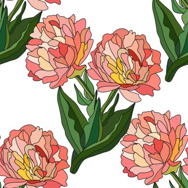 Lale çiçekleri ve tasarım elementleriyle zarif, pürüzsüz bir desen. Davetiyeler, kartlar, baskı, hediye paketi, imalat, tekstil, kumaş, duvar kağıtları için çiçek deseni