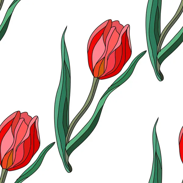 Lale çiçekleri ve tasarım elementleriyle zarif, pürüzsüz bir desen. Davetiyeler, kartlar, baskı, hediye paketi, imalat, tekstil, kumaş, duvar kağıtları için çiçek deseni