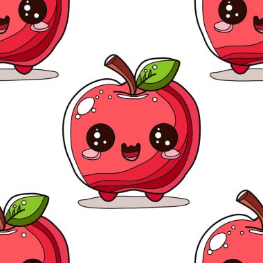Kawaii elmaları ve tasarım elementleriyle zarif, pürüzsüz bir desen. Davetiyeler, kartlar, baskı, hediye paketi, imalat, tekstil, kumaş, duvar kağıtları için meyve deseni