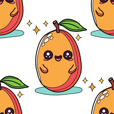 Kawaii mangoları ve tasarım elementleriyle zarif, pürüzsüz bir desen. Davetiyeler, kartlar, baskı, hediye paketi, imalat, tekstil, kumaş, duvar kağıtları için meyve deseni