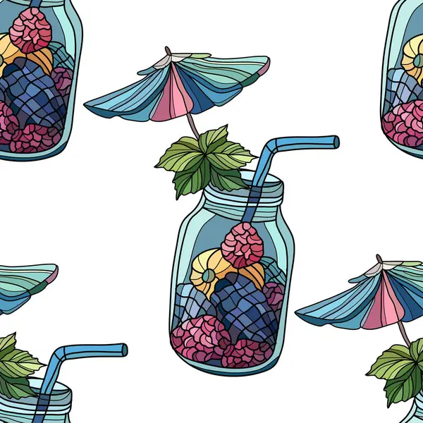 Meyve kokteylleri ve tasarım elementleriyle zarif, pürüzsüz bir desen. Davetiyeler, kartlar, baskı, hediye paketi, imalat, tekstil, kumaş, duvar kâğıtları için yaz içkileri şablonu