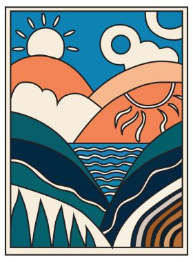 Yaz posteri, güneşli deniz ve dağlar, tatil geçmişi, afiş, tebrik kartı, şablon. Yaz tatili kavramı  