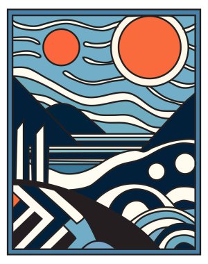 Güneş, deniz ve dağlar, tatil geçmişi, afiş, tebrik kartı, şablon olan bir afiş. Yaz tatili kavramı  