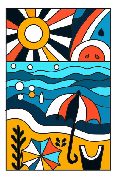 Güneş, deniz ve sahil afişi, tatil geçmişi, afiş, tebrik kartı, şablon. Yaz tatili kavramı  