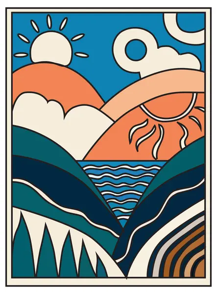 Yaz posteri, güneşli deniz ve dağlar, tatil geçmişi, afiş, tebrik kartı, şablon. Yaz tatili kavramı  