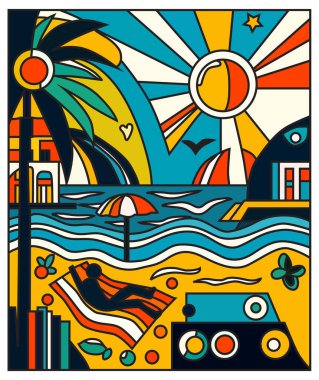 Güneş, deniz ve plaj rahatlaması, tatil geçmişi, afiş, tebrik kartı, şablon olan bir afiş. Yaz tatili kavramı  