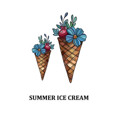 Yaz çiçekli dondurma, tasarım elementleri. Kartlar, davetiyeler, afişler, posterler, baskı tasarımı için kullanılabilir. tatil, tatil geçmişi 