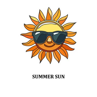 Güneş gözlüklü yaz güneşi, tasarım elementi. Kartlar, davetiyeler, afişler, posterler, baskı tasarımı için kullanılabilir. tatil, tatil geçmişi 