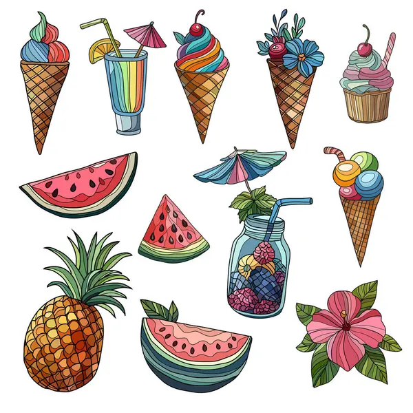 Dondurma, karpuz, kokteyl, kek ve çiçekli yaz seti, tasarım elementleri. Kartlar, davetiyeler, afişler, posterler, baskı tasarımı için kullanılabilir. tatil, tatil geçmişi 
