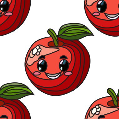 Mutlu kırmızı elmalarla, tasarım elementleriyle zarif, pürüzsüz bir desen. Davetiyeler, kartlar, baskı, hediye paketi, imalat, tekstil, kumaş, duvar kağıtları için meyve deseni