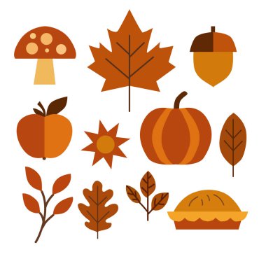 El yapımı sonbahar balkabağı, elma, mantar, meşe palamudu, turta, güneş ve yapraklar, Bauhaus tarzında dizayn edilmiş elementler. Kartlar, davetiyeler, afişler, posterler, baskı tasarımı, mevsimlik tatil geçmişi için kullanılabilir. Sonbahar teması