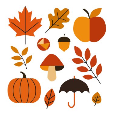 El yapımı sonbahar balkabağı, elma, mantar, meşe palamudu, şemsiye ve yapraklar, Bauhaus tarzında dizayn edilmiş tasarım elementleri. Kartlar, davetiyeler, afişler, posterler, baskı tasarımı, mevsimlik tatil geçmişi için kullanılabilir. Sonbahar teması