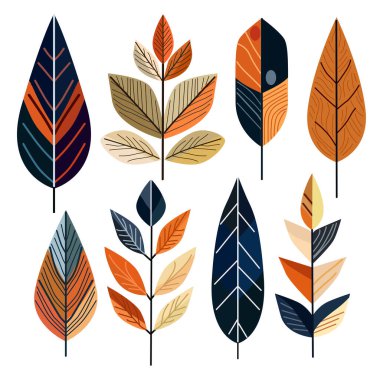 El yapımı sonbahar yaprakları, Bauhaus tarzında dizayn edilmiş tasarım elementleri. Kartlar, davetiyeler, afişler, posterler, baskı tasarımı, mevsimlik tatil geçmişi için kullanılabilir. Sonbahar teması