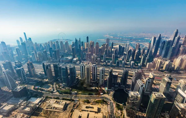 City Downtown Aerial View Dubai Skyscrapers Sunset Helicopter View — Fotografia de Stock
