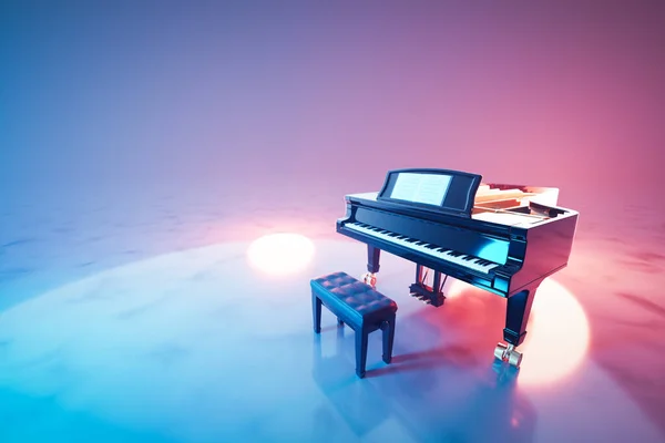 Clasic Grand Pian Tastatură Lumina Reflectoarelor Neon Lumina — Fotografie, imagine de stoc