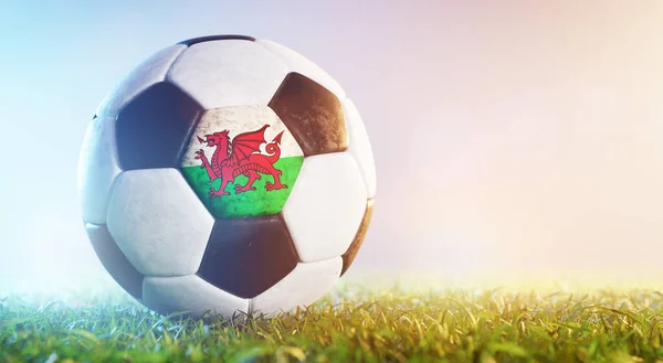 Voetbal Voetbal Met Vlag Van Wales Gras Welsh Nationaal Team — Stockfoto