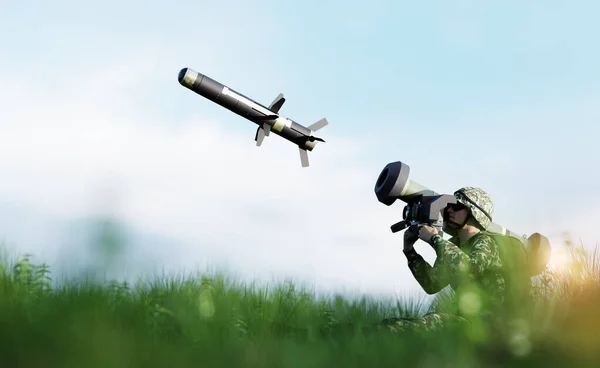 Soldier Firing Tank Missile War His Lightweight Portable Weapon System — Fotografia de Stock