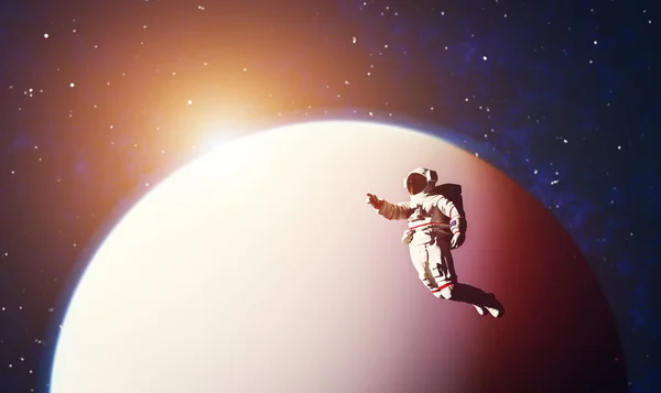 Astronaut Spacewalk Space Planet Pointing His Finger Render — Zdjęcie stockowe