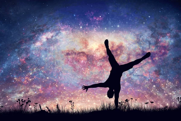 Happy Man Doing Cartwheel Night Sky Nebula Stars Freedom Success — Zdjęcie stockowe