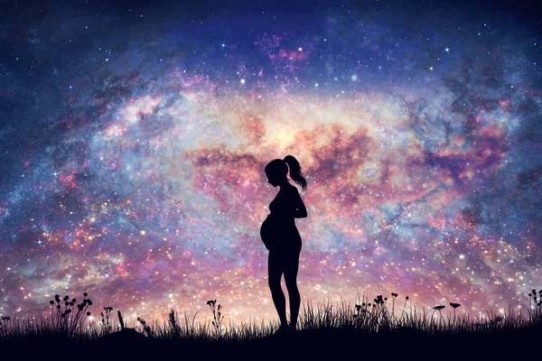 Беременная Женщина Ожидающая Ночном Небе Туманность Звезды Чудо Родительства Рендеринг — стоковое фото
