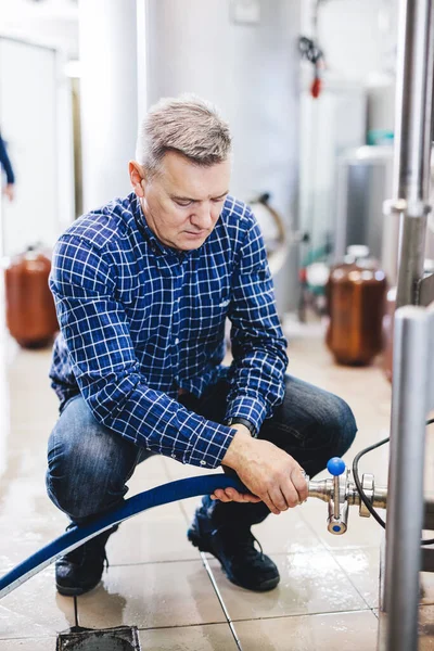 Man Working Brewery Equipment Producing Craft Beer Middle Aged Man — Stock fotografie