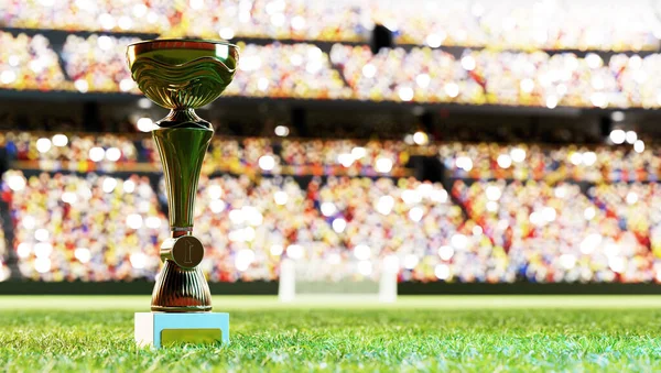Soccer or football trophy cup on stadium in spotlight. Sport