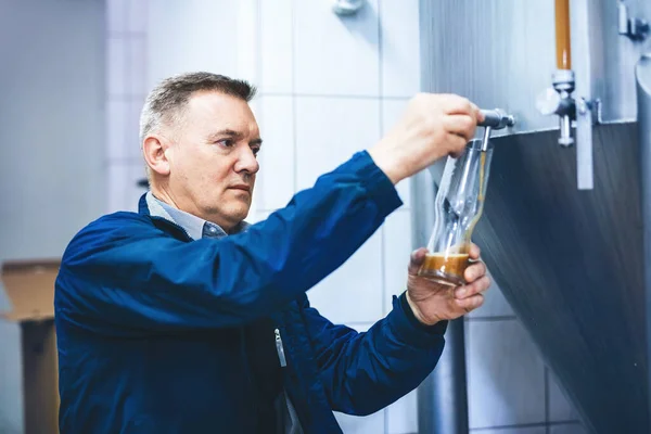 Man Tasting Craft Beer Brewery Middle Aged Business Owner Expert — Stockfoto