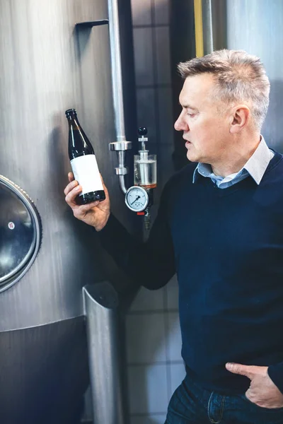 Craft Brewery Owner Manager Beer Bottle Standing Next Tank — Fotografia de Stock