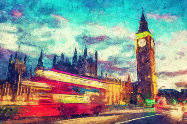 Red Bus Westminster Bridge Next Big Ben London Night Tourist — Stock Photo, Image