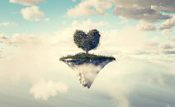 Heart shape tree on floating island in clouds. Love, fantasy land and Valentine\'s Day concept