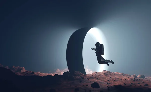 Astronaut Alien Planet Entering Spacetime Portal Light Science Fiction Universe —  Fotos de Stock