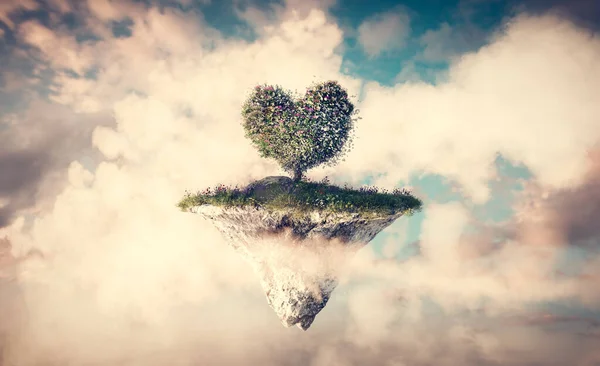 Дерево Серцевої Форми Плаваючому Острові Хмарах Любов Земля Фантазій День — стокове фото