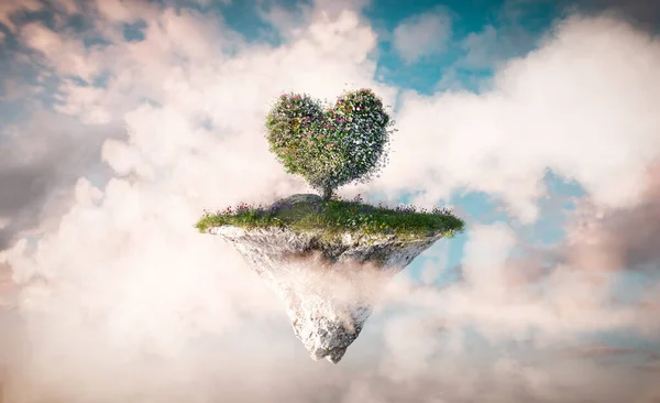 Heart Shape Tree Floating Island Clouds Love Fantasy Land Valentine — Stock Photo, Image