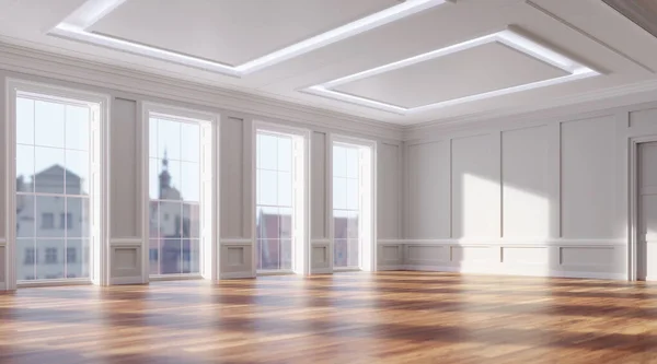 Classical Renovated Interior Classic Big Windows Wooden Floor Real Estate — Zdjęcie stockowe