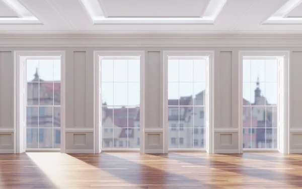 Classical Renovated Interior Classic Big Windows Wooden Floor Real Estate — Stock Fotó