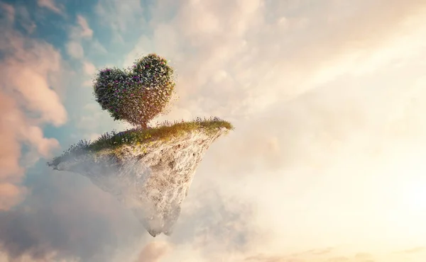 Heart Shape Tree Floating Island Clouds Love Fantasy Land Valentine — Stockfoto