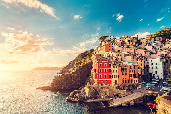 Riomaggiore Cinque Terre Italie Coucher Soleil Destination Touristique Populaire Dans — Photo