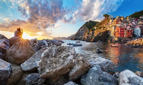 Riomaggiore Cinque Terre Italië Bij Zonsondergang Populaire Toeristische Bestemming Ligurië — Stockfoto