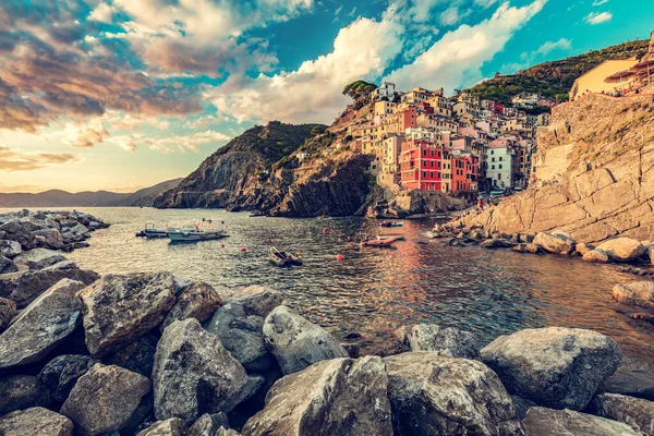 Riomaggiore Cinque Terre Itália Pôr Sol Destino Turístico Popular Costa — Fotografia de Stock