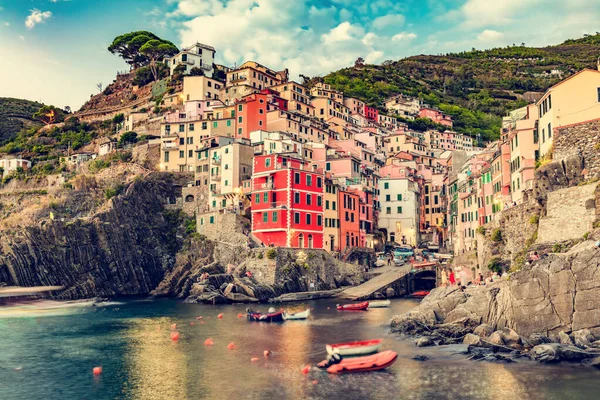 Riomaggiore Cinque Terre Italië Bij Zonsondergang Populaire Toeristische Bestemming Ligurië — Stockfoto